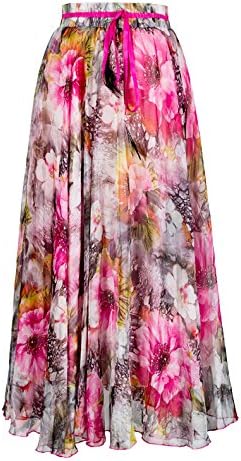 Begirlly Vintage Casual Formal Floral Long Maxi Beach Skirt for Women Pink Large
