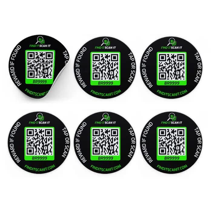 Find It Scan It, Web Programmable Smart Epoxy Sticker With QR Code and NFC Chip, 6 Pack. Reward People For Finding Your Lost Property Such as Wallet or Phone