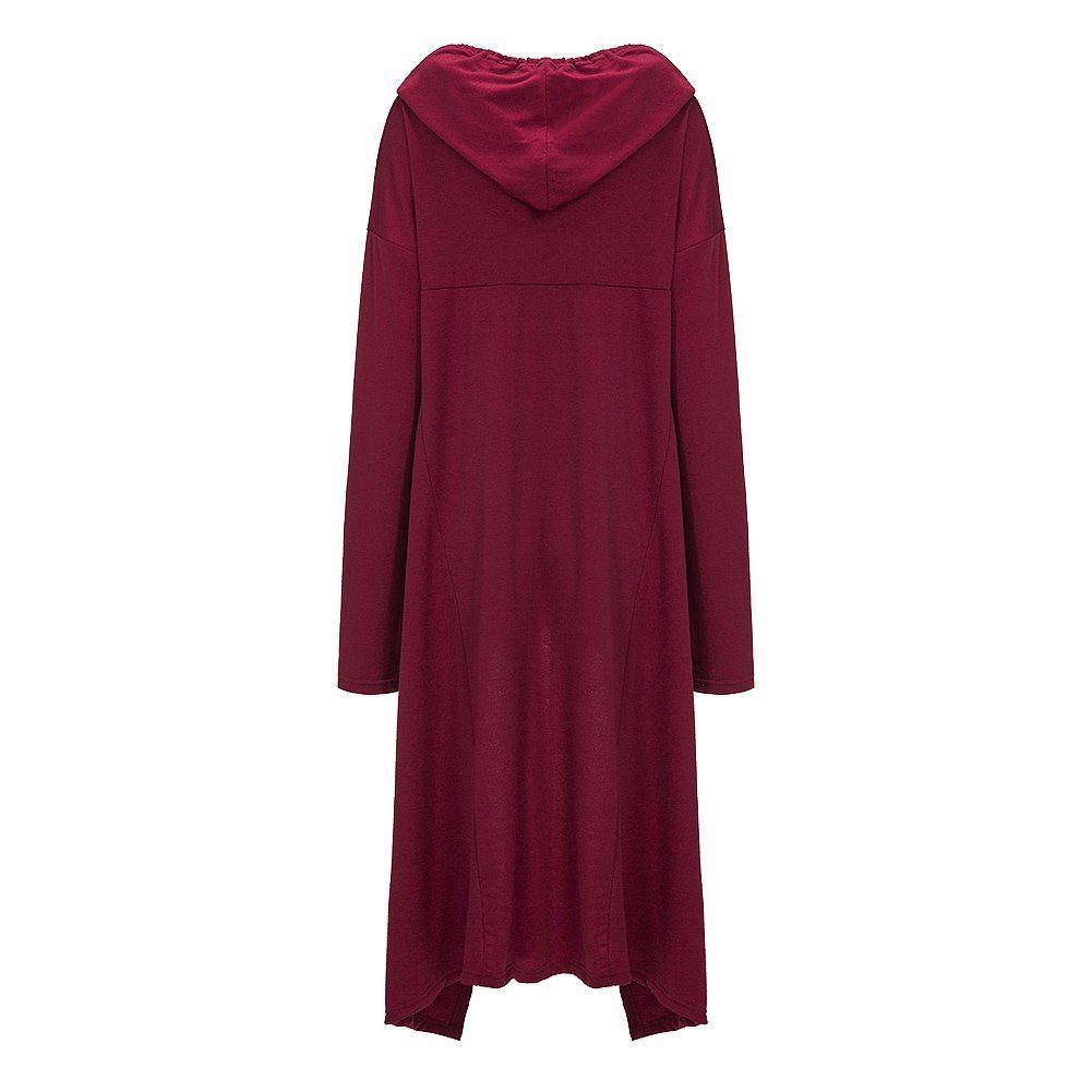 Women\'s Loose Long Sleeve Asymmetric Hem Sweatshirts Solid Color Pullover Hoodie Dress Wine Red XL