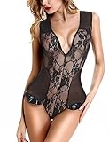 Women's Sexy Lingerie One Piece Lace Babydoll Flexible Bodysuit Nightdress by Nora Twips (L), Black