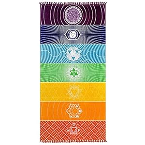 Cotton Microfiber Fabric Bohemia India Mandala Beach Blanket 7 Chakra Rainbow Wall Hanging Tapestry Beach Towel Yoga Mat Bath With Tassels,59″x30″