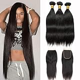 Kbeth 10A Grade Brazilian Virgin Hair Straight 3 Bundles 18 20 22 with 16 Closure 100% Cheap Human Hair Weave Straight Remy Hair Bundles Soft No Shedding Hair (18 20 22 + 16 Closure)