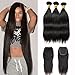 Kbeth 10A Grade Brazilian Virgin Hair Straight 3 Bundles 18 20 22 with 16 Closure 100% Cheap Human Hair Weave Straight Remy Hair Bundles Soft No Shedding Hair (18 20 22 + 16 Closure)