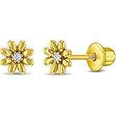925 Sterling Silver Yellow Gold Flashed Flower Puffed Safety Screw Back Earrings For Toddlers and Young Girls - Children's Flower Shaped Earrings