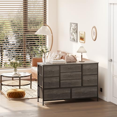Flrrtenv Tall 9 Drawers Dresser Storage with Wood Top, TV Stand, Fabric Wide Storage Tower, Sturdy Steel Frame Storage Organizer Fit for Bedroom, Living Room, Hallway, Entryway, Closets, Black Oak