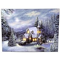 BANBERRY DESIGNS LED Holiday Christmas Canvas Church Print - Light Up Winter Scene - Forest Setting with Snow and Lights - LED Lighted Canvas Wall Art