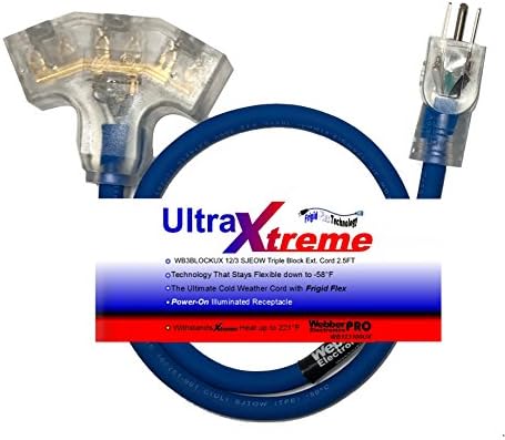 CW43939 UltraXtreme 2.5 FT Blue Frigid Flex Extension Cable NEMA 5-15P PLUG TO Triple Receptacle Block ILLUMINATED (Free Economy & Standard Shipping)