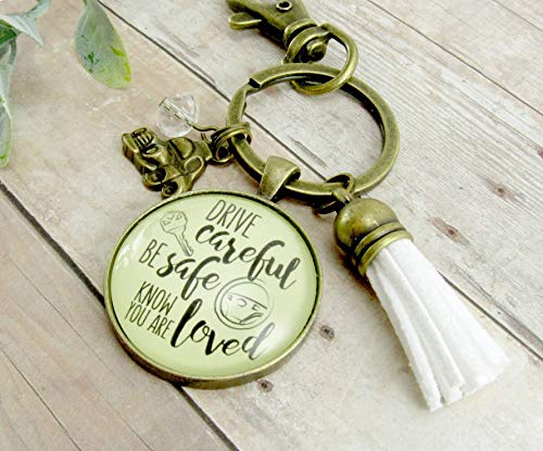 Drive Careful Be Safe Know You Are Loved Keychain New Driver Gift For Girl Keychain Sweet 16 White Tassel Car Charm