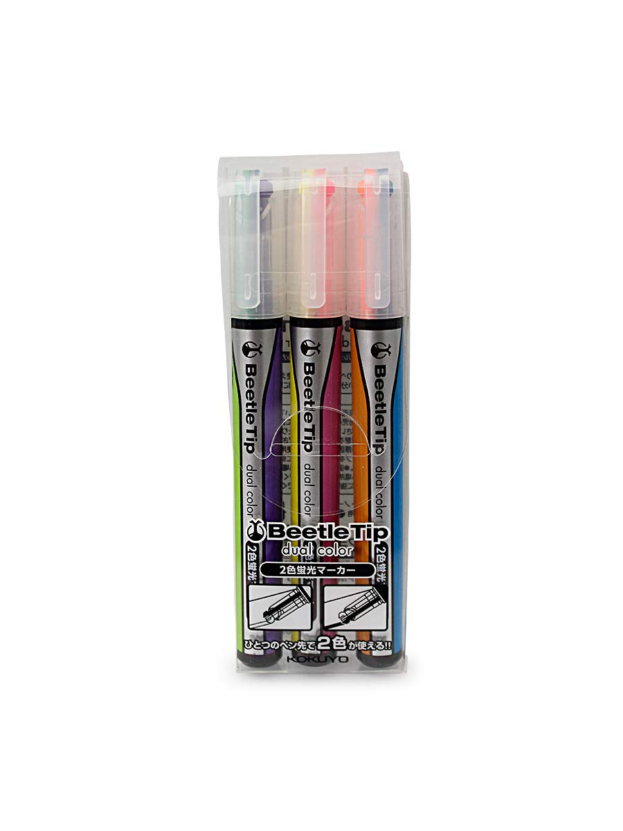 KOKUYO Beetle Tip Dual Color Highlighter, Fluorescent Markers, Standard Colors Set, Japan Import (PM-L303-3S)