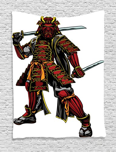Japanese Decor Tapestry Wall Hanging by Ambesonne, Illustration of Oriental Martial Character with Ethnic Dress Standing and Holding Sword, Bedroom Living Room Dorm Decor, 60 x 80 Inches, Red Black
