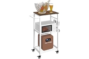 Sungaryard 3-Tier Rolling Kitchen Cart Microwave Stand on Wheel, Movable Coffee Bar Cart with Metal Handle, Bakers Rack with 8 Hooks Utility Cart for Living Room, Bedroom, Bathroom, Office, White