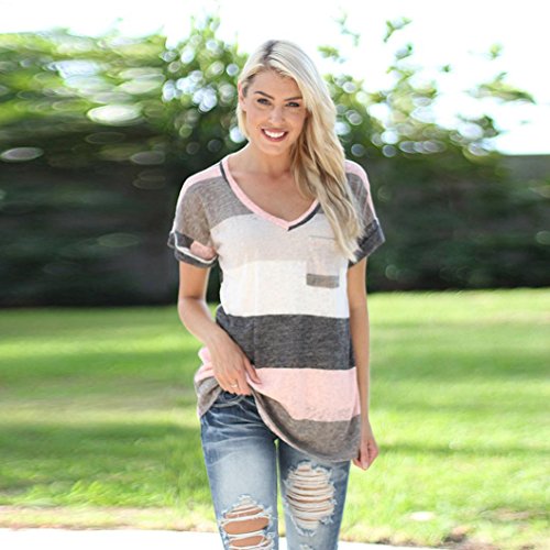 Quartly Women Short Sleeve Stripe Block Color Loose Tops Tee Shirts Summer T-Shirt Pullover Casual Blouse (S, Gray) - Thumbnail 2