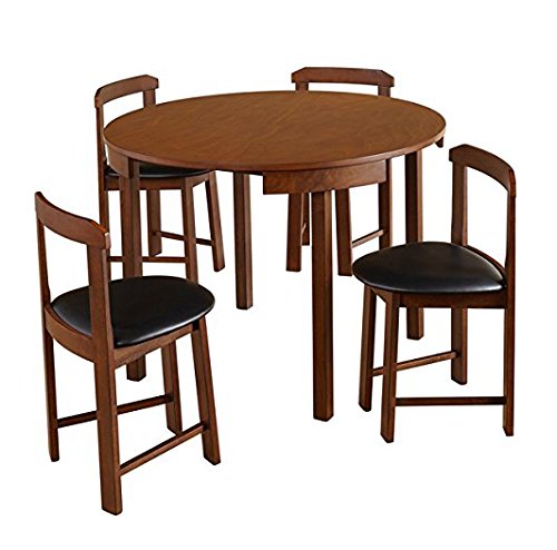 Mid-Century Tobey Walnut Compact Dining Set (5 Piece) in Black Faux Leather Upholstered Seats. Angled Chairs Fit Seamlessly to Edge of Table. Assembly Required