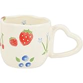 Koythin Ceramic Coffee Mug, Novetly Printed Flower Cup with Heart Shaped Handle for Office and Home, 8.5 oz/250 ml for Latte Tea Milk (Strawberrys and Blue Flowers)