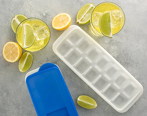 BloominGoods Ice Cube Trays with Lids | Stackable, No Spill, Covered Ice Cube Tray Set with Removable Covers | White & Blue - Pack of 2