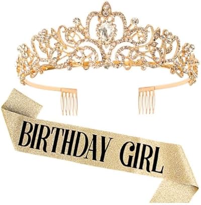 DRESHOW Birthday Crown Tiara Set with Sash Glitter Queen Gift