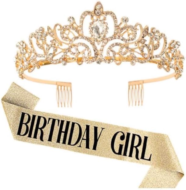 DRESHOW Birthday Crown Tiara Set with Sash Glitter Queen Gift