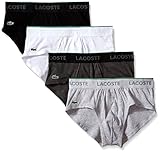 Lacoste Men's Essentials 4-Pack Cotton Low Rise Brief, White/Gray/Charcoal/Black, Medium