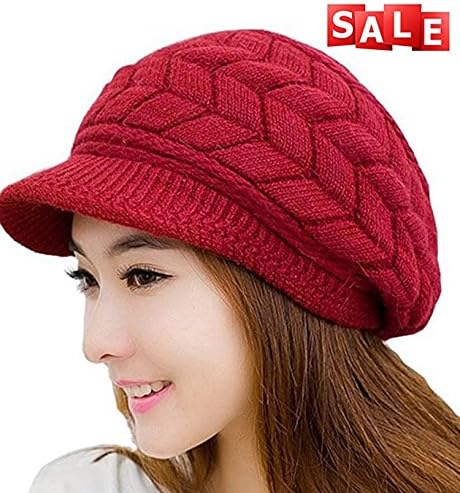 Womens Winter Warm Cable Knit Hat Oversized Beanie Beret Snow Ski Wool Cap with Visor