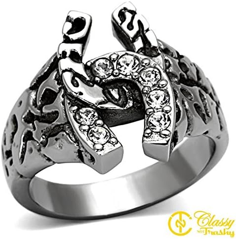 Classy Not Trashy Men's Fashion Jewelry Ring, Premium Grade Stainless Steel Clear Top Grade Crystal Double Horseshoe Ring Size 9