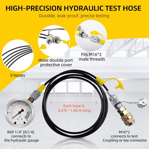 GRYVOZE Hydraulic Pressure Test Kit with 5 Gauges(Max 10000 PSI), 13 Test Couplings 14 Tee Connectors 5 Test Hoses, Hydraulic Gauge Tester Set for Excavator, Construction, Machinery, and Mine
