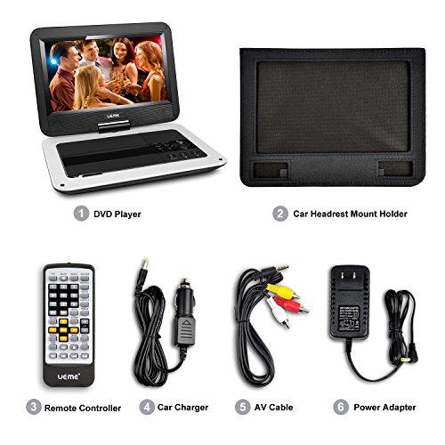 UEME 10.1" Portable DVD Player CD Player with Car Headrest Holder, Swivel Screen Remote Control Rechargeable Battery Car Charger, Personal DVD Player PD-1010 (White)