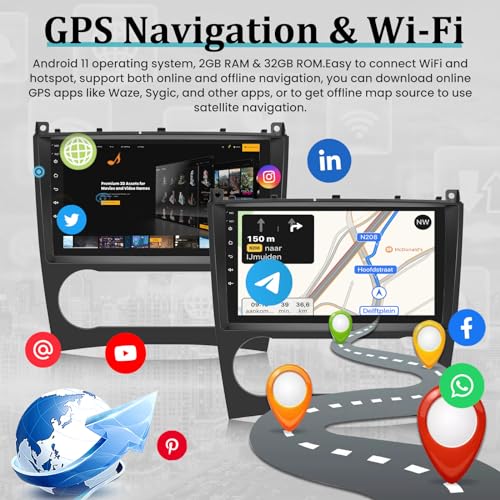 Car Radio for Mercedes Benz C Class W203 W209 C180 C200 2005-2009 [2G+64G] 9 Inch Touch Android Car Stereo Wireless Apple Carplay/Android Auto / 1080P / WiFi + AHD Rear View Camera