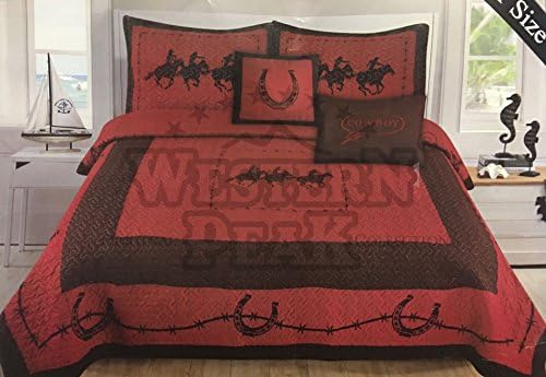 Western Peak 5 Pc Western Texas Cross Lodge Barbed Wire Quilt Bedspread Shams Pillow Oversize Comforter (Red Horse, Queen)