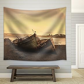 Shipwreck Scene with Boat Drenched by The Coast in Sunset - Fabric Wall Tapestry Home Decor - 51x60 inches