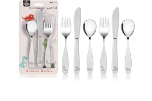 Lehoo Castle Kids Silverware Stainless Steel 6 Piece - Toddler Spoons and Forks Knife Set, Metal Kids Cutlery Set, Toddler Utensils Self Feeding (Dinosaur World)