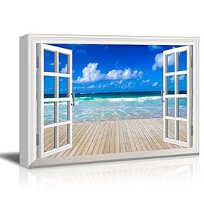Canvas Print Wall Art - Window Frame Style Wall Art - Clear Sea and Wooden Pier | Giclee Print Gallery Wrap Modern Home Decor. Stretched & Ready to Hang - 24" x 36"