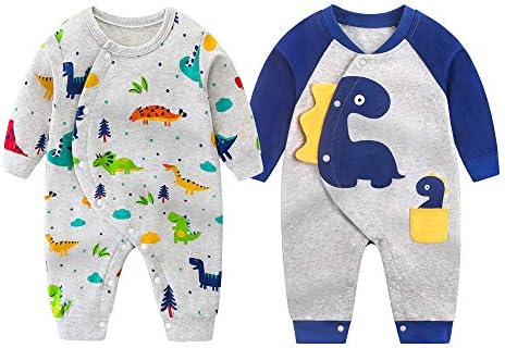 ロンパース 長袖 ベビー服 2枚セット 綿100 新生児 冬服 前開きタイプ 男の子 女の子 可愛い 肌着パジャマ 着替え便利 柔らかい 恐竜柄 春 秋 冬