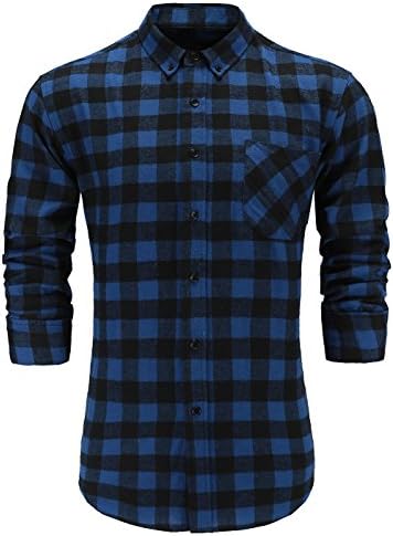 Emiqude Men's Flannel Cotton Regular Fit Long Sleeve Button Down Plaid Dress Shirt