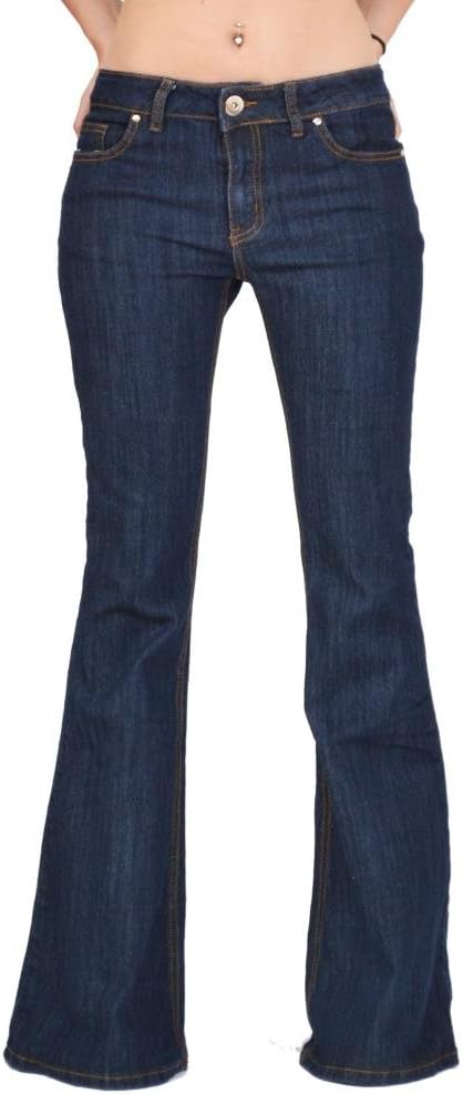 70s Style Flares Bell-Bottom Wide Flared Jeans - Dark Blue Indigo