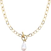 Chunky Gold Pearl Necklace for Women Baroque Pearl Pendant Necklace Vintage Pearl Statement Necklace Thick Chain Link Toggle Clasp Necklace Jewelry Gifts
