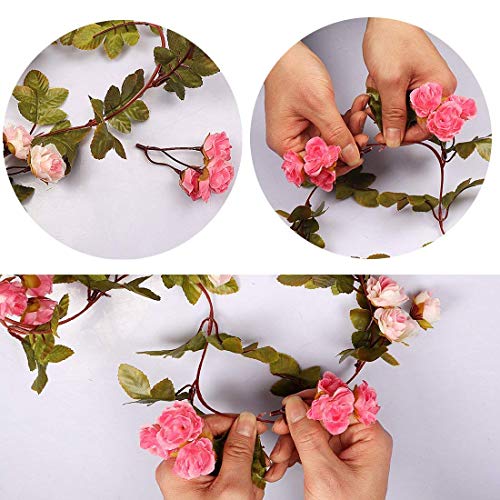 Hecaty 2 Strands Artificial Rose Garland Silk Flowers Hanging Rose Vine with 16ft Led String for Wedding Home Party Event Wreath Decor (Pink&Champagne) - Thumbnail 5