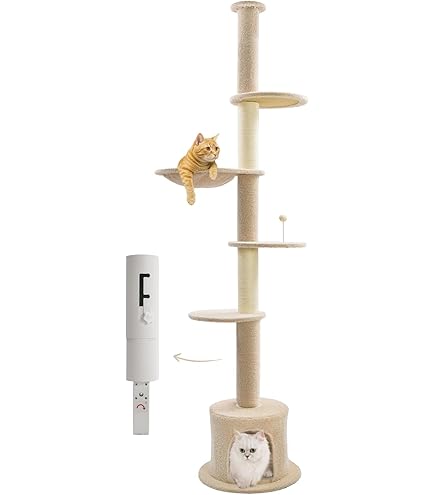 Made4Pets Floor To Ceiling Cat Tree,5 Tiers Cat Tower,Adjustable Heihgt 96-108'', Tall Cat Climbing Tower With Scratching Posts,Cozy Hammock,Fluffy Perchs For Indoor Cats, Grey