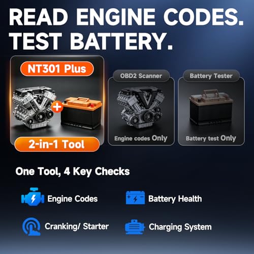 FOXWELL NT301 Plus OBD2 Code Reader Car Battery Tester 2-in-1, OBD2 Scanner Diagnostic Tool with Full OBDII Function, 12V 100-2000 CCA Battery Charging Cranking Test, I/M Readiness, Data Printing