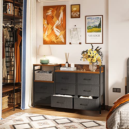 ODK Chest of Drawers Bedroom, Contains 2 USB & 2 AC Ports Sockets, Storage Dresser with 8 Fabric Drawers Suitable for Bedrooms, Living Rooms, Retro Color
