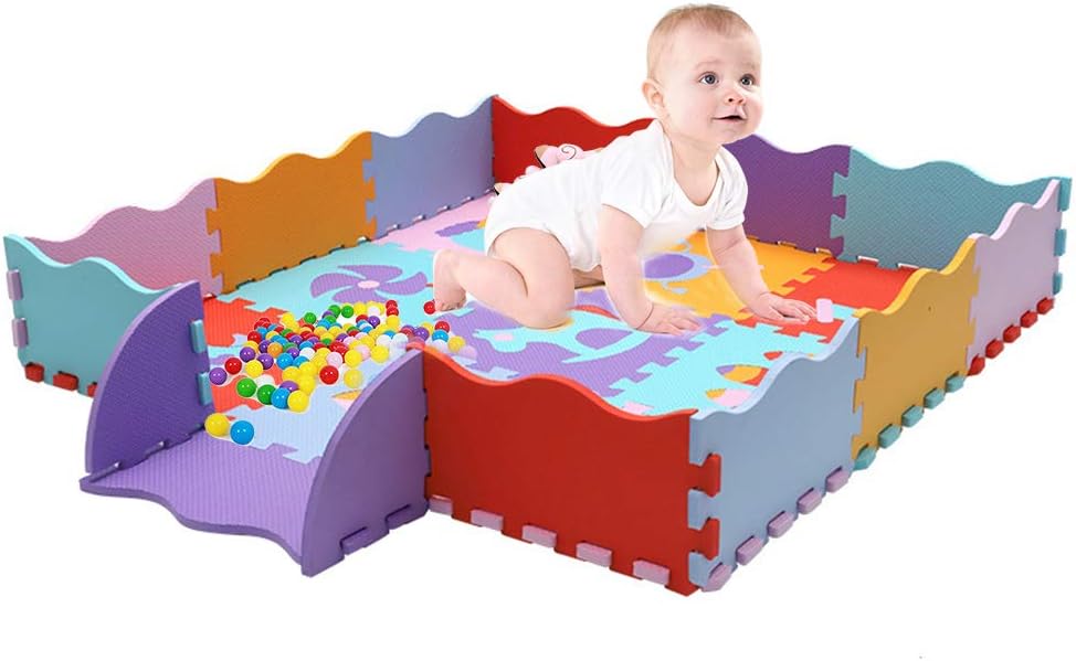 Baby Foam Play Mat with Fence - Interlocking Crawling Mat with 23 Foam Floor Tiles for Kids Toddlers Gym Mats Crawling Rug for Play Activity Center Playroom with Waterproof and Non-Toxic (5)