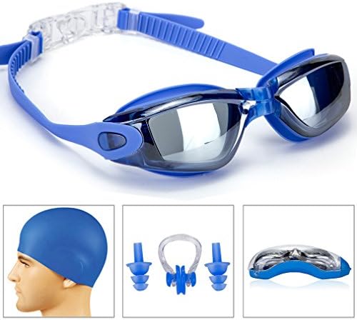 Swimming Goggles + Swim Cap + Case + Nose Clip + Ear Plugs,Swim Goggles Anti Fog UV Protection for Adult Men Women Youth Kids Child by GAOYI