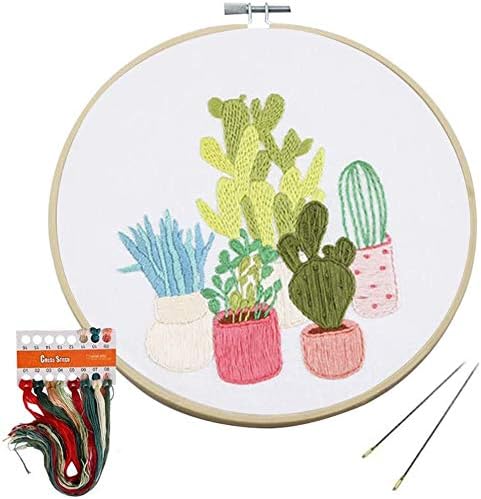Embroidery Starter Kit with Pattern,Full Range of Stamped Embroidery Kits with 1 Pcs Embroidery Cloth with Pattern,1 Pc Bamboo Embroidery Hoop,Color Threads Tools Kit (Style 6)