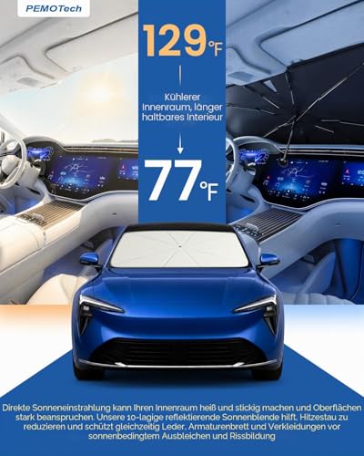 PEMOTech Foldable Car Sun Shade with 5-Layer Nano, Sun Visor Car Sun Protection Car Windscreen 360° Rotatable, UV Protection, Heat Protection, Anti-Puncture for Most Vehicles (132 x 76 cm)