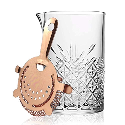 FLOW Barware 700 ml Cocktail Mixing Glass & Stainless Steel Hawthorne Strainer | Large Cocktail Mixing Jug Make 3 Cocktails in One | Stirring Glass & Copper Strainer