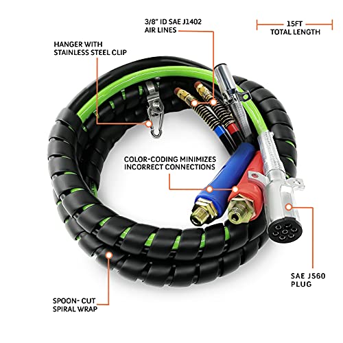 TORQUE 15ft 3 in 1 ABS & Air Power Line Hose Wrap 7 Way Electrical
