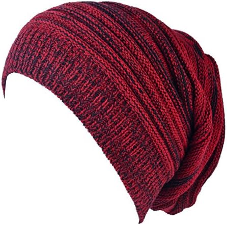 YverLin Slouchy Beanie Hat Unisex, Baggy Oversized Knit Skull Cap, Acrylic (Carmine Red with Black)