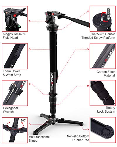 KINGJOY Professional Video Monopod Kit 69" Carbon Fiber Telescopic Camera Monopods with Pan Tilt Fluid Head and 3-Leg Tripod Base for DSLR Cameras Camcorders, MP3208+KH-6750