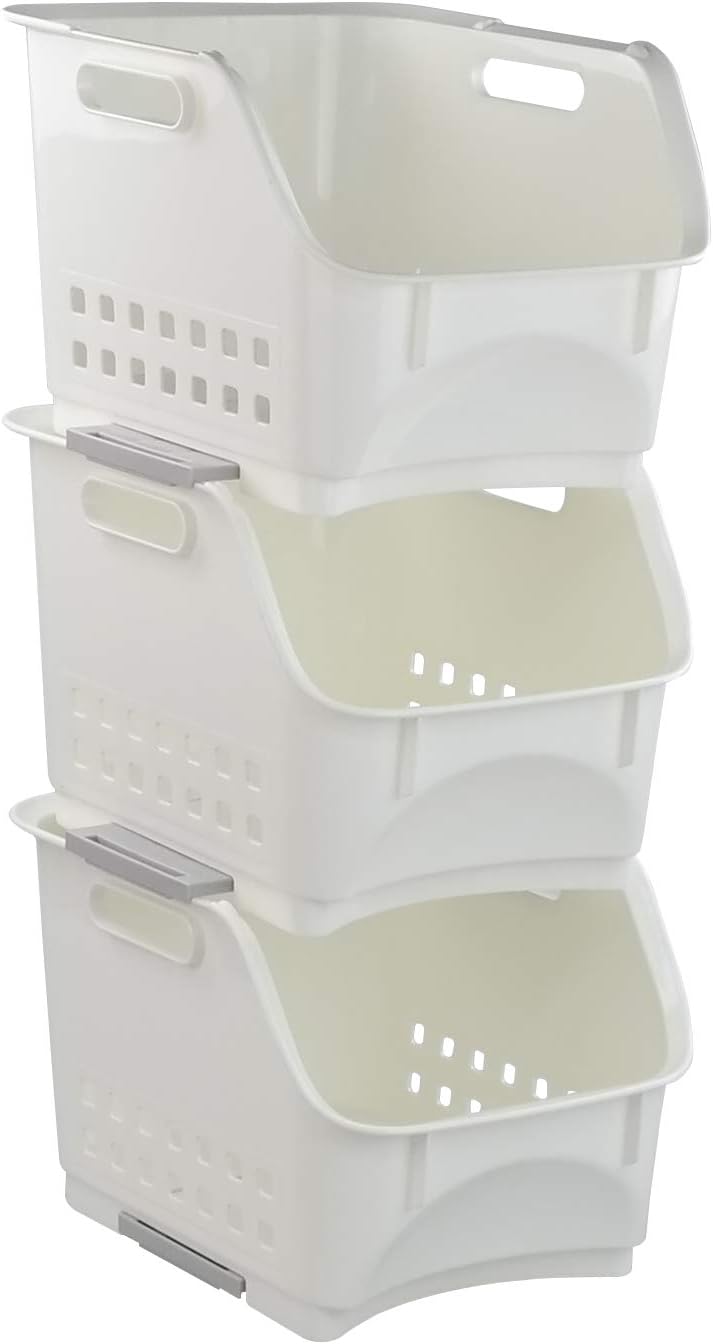 Zerdyne 3 Packs Plastic Stacking Storage Basket, White Stackable Storage Rack Baskets, 31 cm x 25.5 cm x 20 cm