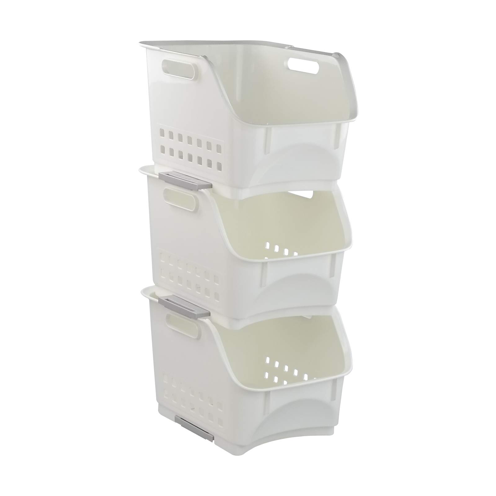 Zerdyne 3 Packs Plastic Stacking Storage Basket, White Stackable Storage Rack Baskets