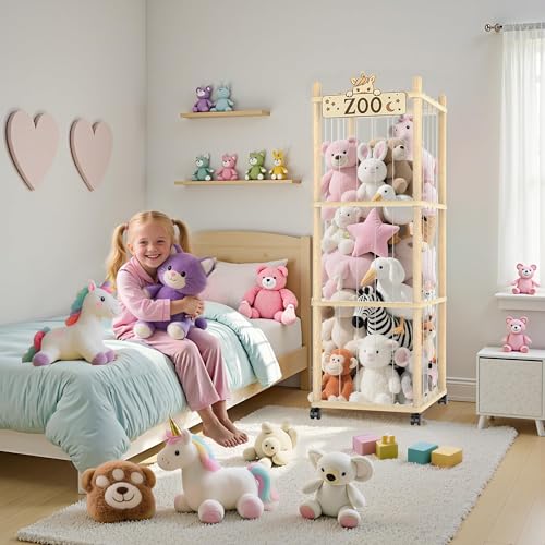 Stuffed Animal Storage Zoo Tower, 142.5cm Wooden Large Stuffed Animal Holder Organizer with Wheels, Stuffy Plushies Storage with Elastic Band&Mesh Bottom, Toy Storage Organizers for Playroom Bedroom